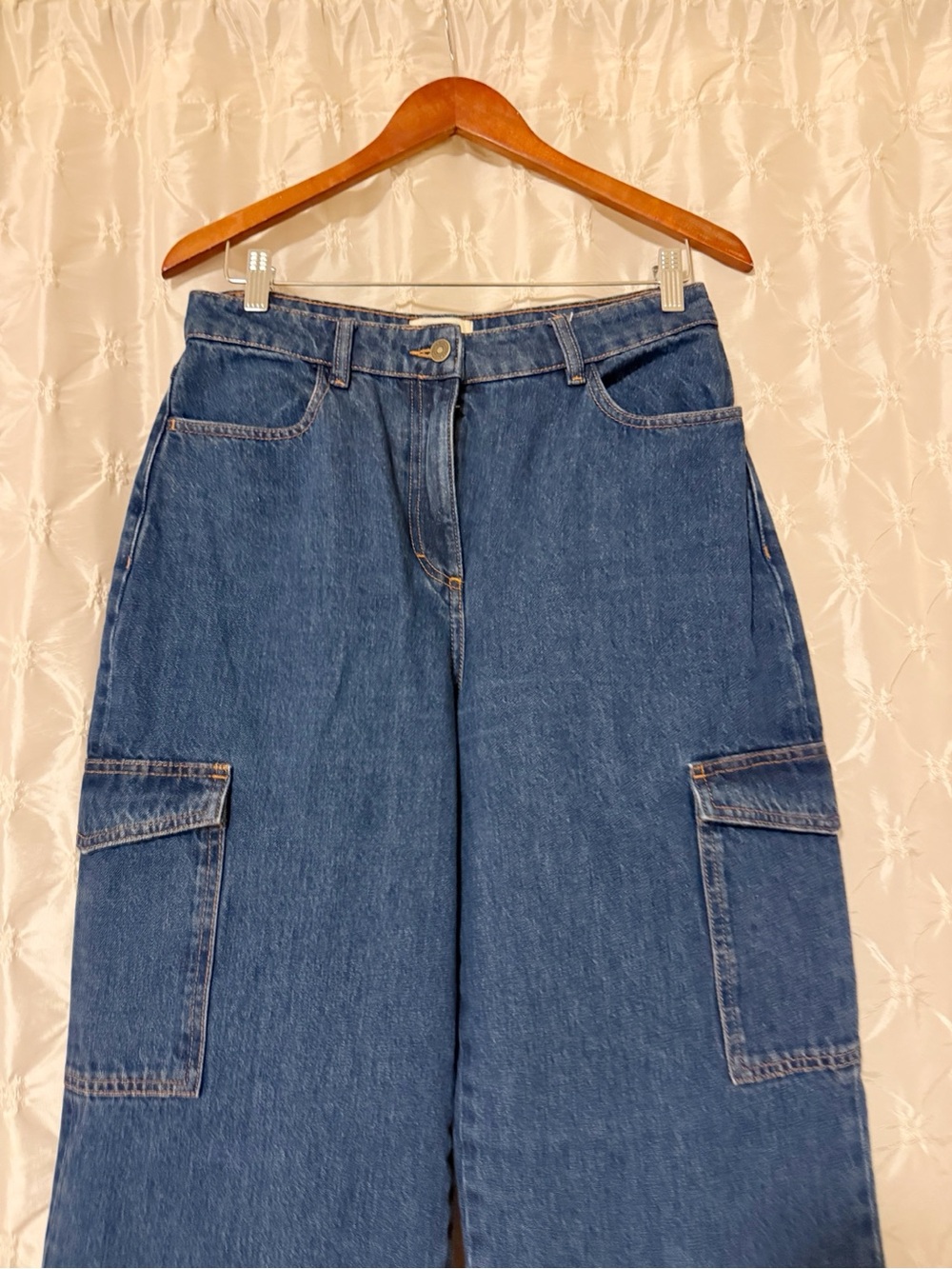 Sézane Flint Trousers Dark Blue High Waisted Cargo Wide Leg Jeans Size 40 FR 8 - Picture 6 of 13